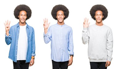 Kolaj gösterilen ve parmakları ile işaret beyaz izole arka plan üzerinde afro saçlı Genç adam bir süre kendinden emin ve mutlu gülümseyerek dört numara.