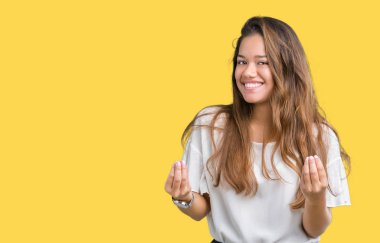 Genç güzel esmer iş kadın izole arka plan yapıyor para yüzünden jest el ile maaş ödeme için milyoner iş istiyor