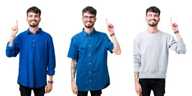 Ve kendinden emin ve mutlu gülümseyerek süre parmak numaralı yukarıyı gösteren izole arka plan üzerinde genç adam kolaj.