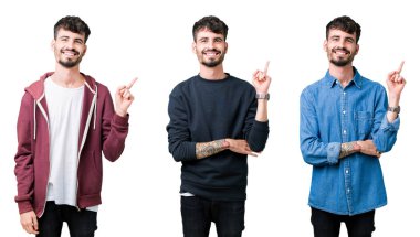 Kameraya bakarak yan el ve parmak ile işaret eden genç adam yüzünde kocaman bir gülümseme ile izole arka plan üzerine kolaj.