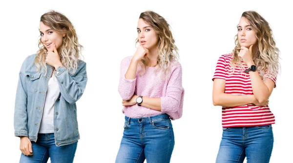 Collage Ung Vacker Blond Tjej Över Isolerade Bakgrund Ser Självsäker — Stockfoto