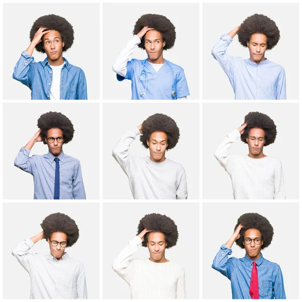 Colagem Jovem Com Cabelo Afro Sobre Fundo Isolado Branco Confundir — Fotografia de Stock