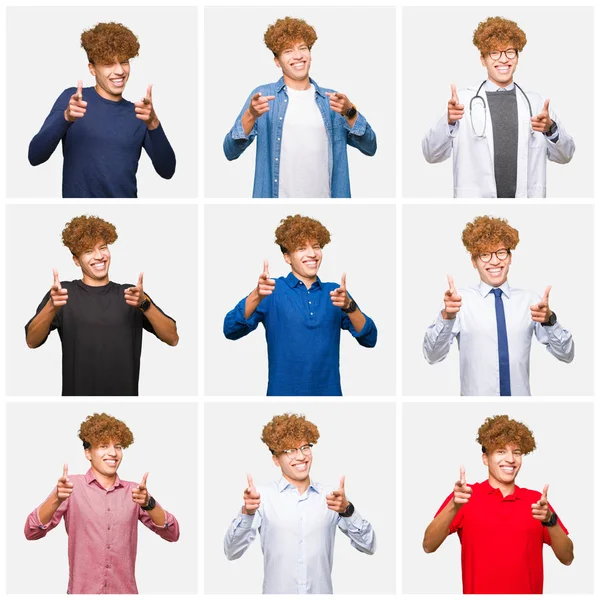 Collage Young Man Wearing Different Looks Isolated White Background Pointing — Stock Photo, Image