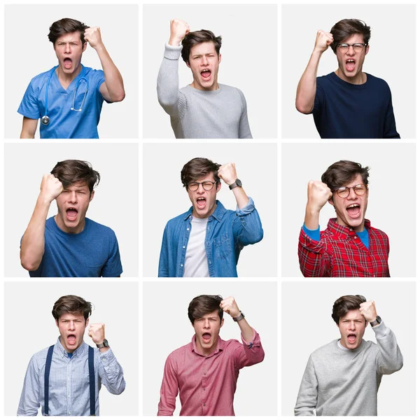 Collage Eines Jungen Mannes Vor Weißem Isoliertem Hintergrund Der Wütend — Stockfoto