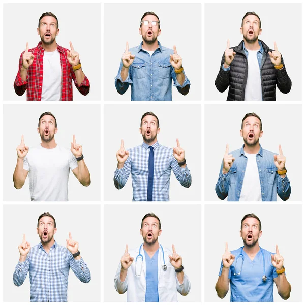 Collage Attractive Young Man White Isolated Background Amazed Surprised Looking — Stock Photo, Image
