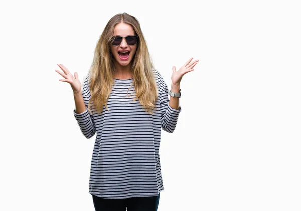 Young Beautiful Blonde Woman Wearing Sunglasses Isolated Background Celebrating Crazy — Stock Photo, Image