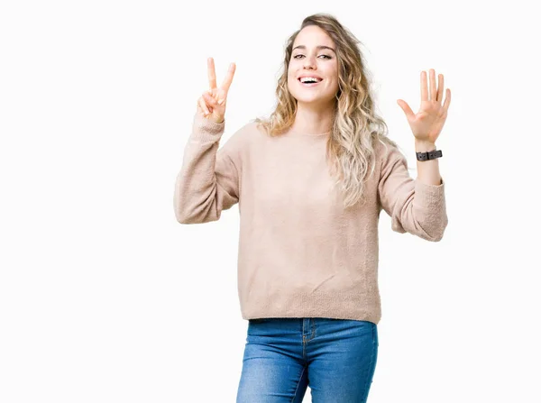 Schöne Junge Blonde Frau Trägt Sweatshirt Über Isoliertem Hintergrund Zeigt — Stockfoto