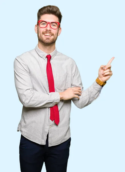 Young Handsome Business Man Wearing Glasses Big Smile Face Pointing — Stock Photo, Image
