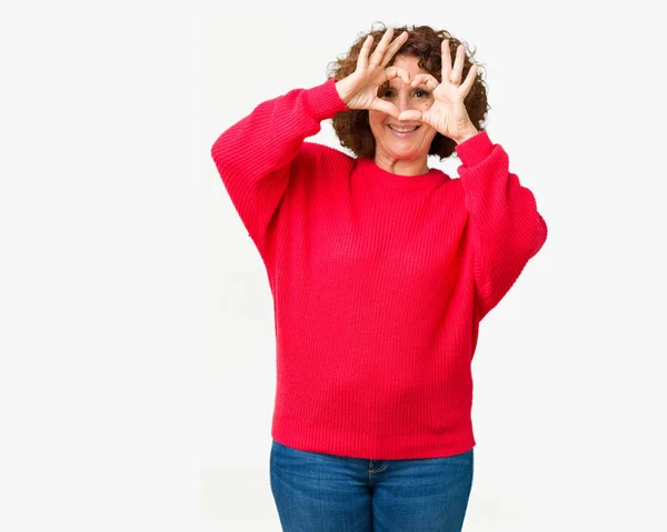 Mooie Midden Ager Senior Vrouw Rode Winter Trui Geïsoleerde Achtergrond — Stockfoto