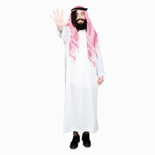 Arabian Business Man Long Hair Wearing Traditional Keffiyeh Scarf Showing — Stock Photo, Image