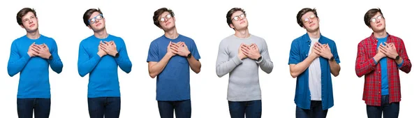 Collage Joven Sobre Fondo Blanco Aislado Sonriendo Con Las Manos —  Fotos de Stock