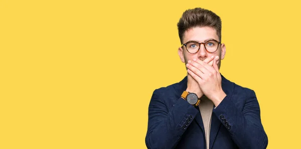 Young Handsome Business Man Wearing Glasses Shocked Covering Mouth Hands — Stock Photo, Image