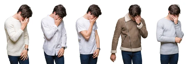 若い男が泣きながら手で顔を覆っている悲しそうな表情で白い分離背景上のコラージュ うつ病の概念 — ストック写真