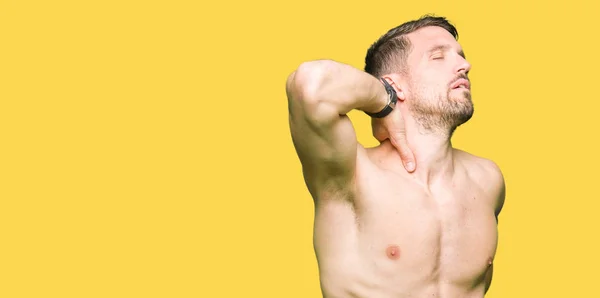 Handsome Shirtless Man Showing Nude Chest Suffering Neck Ache Injury — Stock Photo, Image