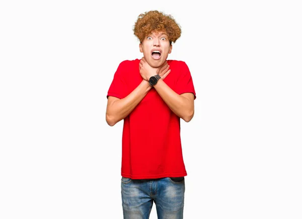 Young Handsome Man Afro Hair Wearing Red Shirt Shouting Suffocate — Stock Photo, Image