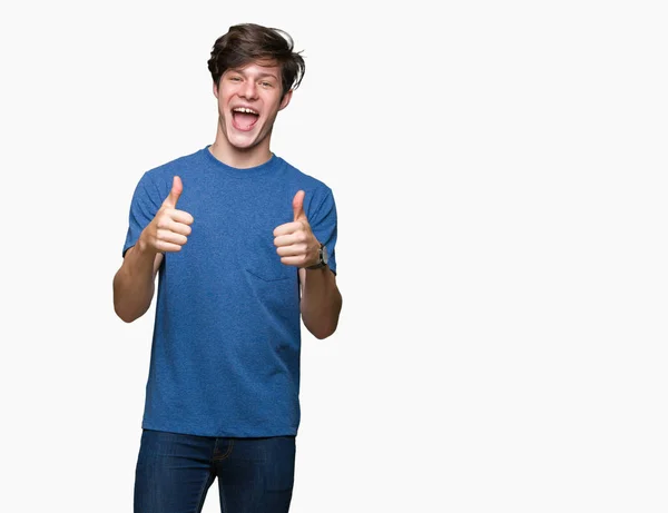 Homem Bonito Jovem Vestindo Camiseta Azul Sobre Sinal Sucesso Fundo — Fotografia de Stock