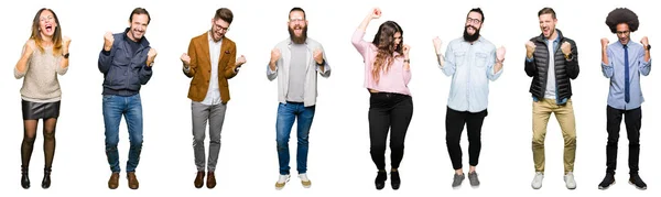 Collage Personas Sobre Fondo Blanco Aislado Muy Feliz Emocionado Haciendo — Foto de Stock