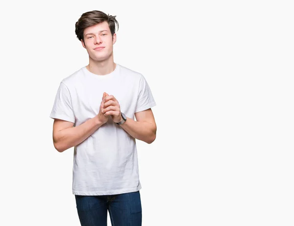 Young Handsome Man Wearing Casual White Shirt Isolated Background Hands — Stock Photo, Image