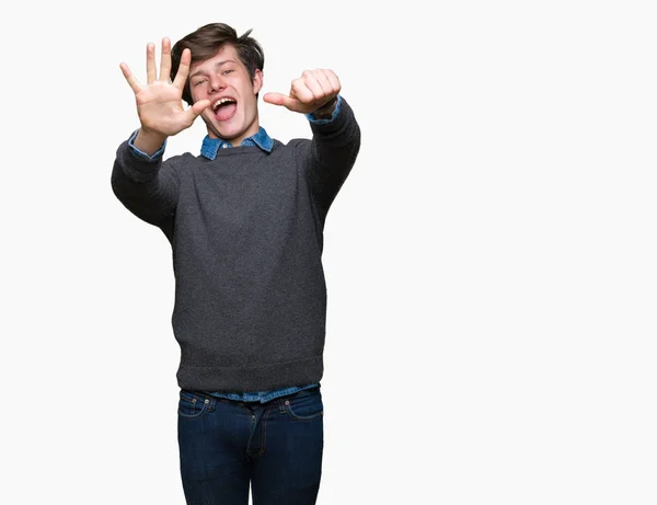 Joven Hombre Elegante Guapo Sobre Fondo Aislado Mostrando Señalando Hacia — Foto de Stock