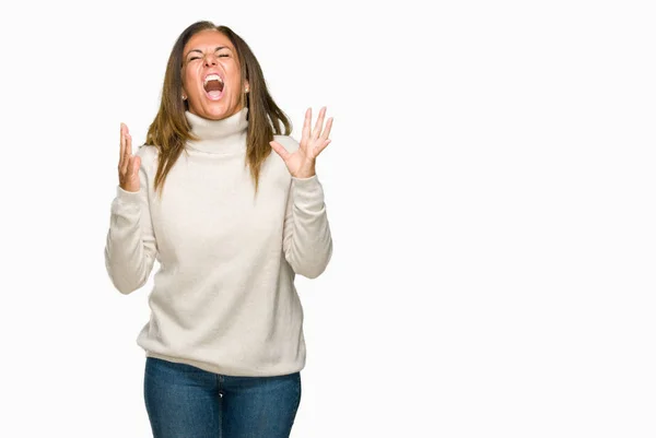 Mooie Middenleeftijd Volwassen Vrouw Winter Trui Dragen Geïsoleerde Achtergrond Gekke — Stockfoto