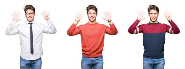 Коллаж Молодого Привлекательного Бизнесмена Изолированном Фоне Показывающего Пальцем Номер Девять — стоковое фото