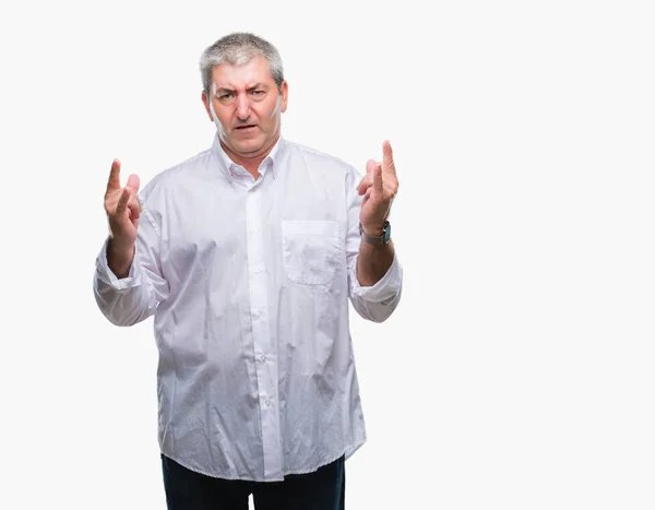 Bonito Homem Sênior Sobre Fundo Isolado Gritando Com Expressão Louca — Fotografia de Stock