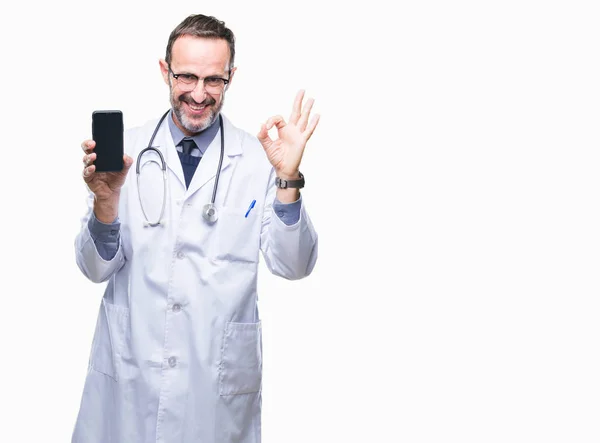 Middle Age Senior Hoary Doctor Man Showing Smartphone Screen Isolated — Stock Photo, Image