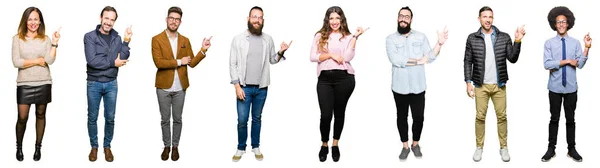 Collage Personas Sobre Fondo Blanco Aislado Con Una Gran Sonrisa — Foto de Stock