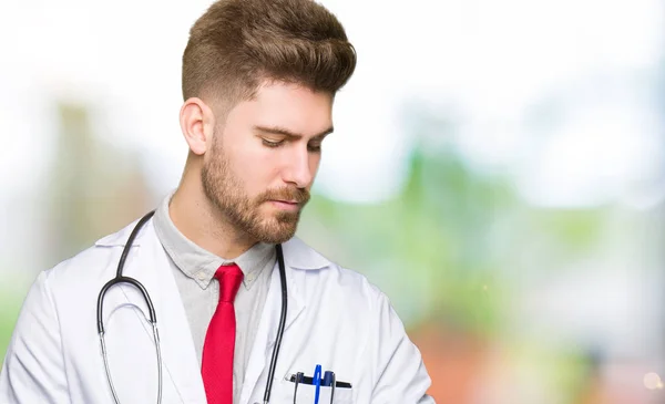 Young Handsome Doctor Man Wearing Medical Coat Checking Time Wrist — Stock Photo, Image