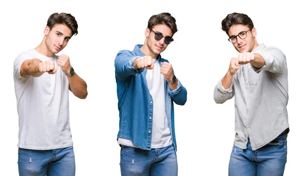 Collage Joven Guapo Con Gafas Sol Sobre Fondo Aislado Golpeando — Foto de Stock