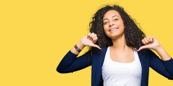 Young Beautiful Girl Curly Hair Looking Confident Smile Face Pointing — Stock Photo, Image