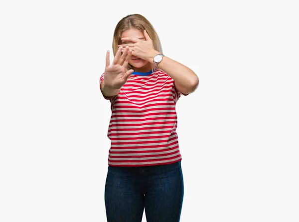 Young Caucasian Woman Isolated Background Covering Eyes Hands Doing Stop — Stock Photo, Image