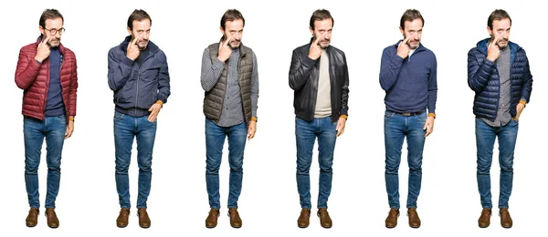 Collage Eines Gutaussehenden Mannes Mittleren Alters Der Andere Blicke Auf — Stockfoto