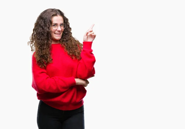 Beautiful Brunette Curly Hair Young Girl Wearing Glasses Winter Sweater — Stock Photo, Image