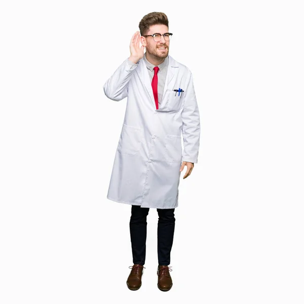 Young Handsome Scientist Man Wearing Glasses Smiling Hand Ear Listening — Stock Photo, Image
