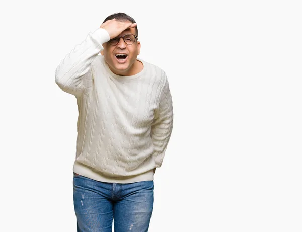 Medelåldern Arabiska Mannen Bär Glasögon Över Isolerade Bakgrund Mycket Glad — Stockfoto