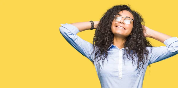 Young Beautiful Business Girl Curly Hair Wearing Glasses Relaxing Stretching — Stock Photo, Image