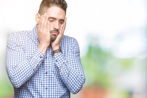 Mladý Pohledný Muž Nad Izolované Pozadí Unavené Ruce Tvář Deprese — Stock fotografie