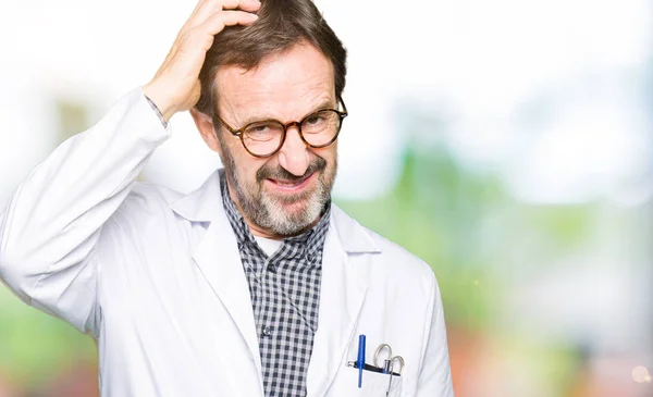 Middle Age Doctor Men Wearing Medical Coat Confuse Wonder Question — Stock Photo, Image