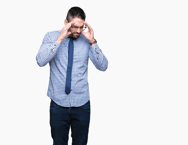 Junger Geschäftsmann Mit Brille Vor Isoliertem Hintergrund Mit Der Hand — Stockfoto