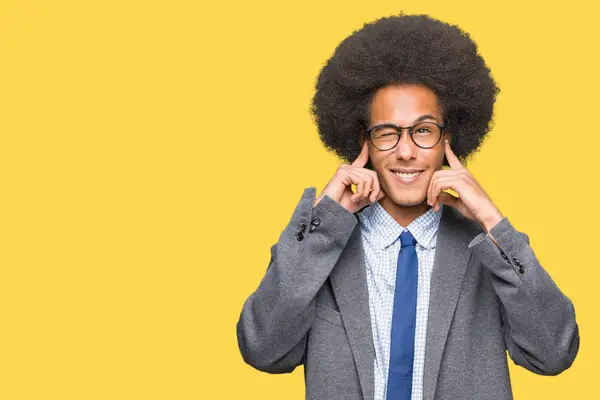 Young African American Business Man Afro Hair Wearing Glasses Covering — Stock Photo, Image