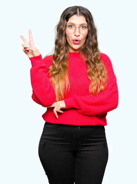 Young Beautiful Woman Wearing Red Glasses Smiling Happy Face Winking — Stock Photo, Image