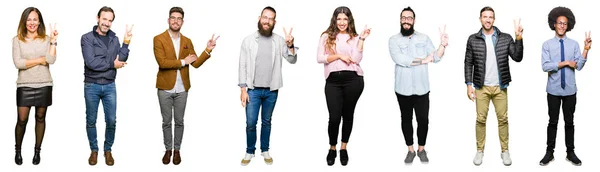 Collage Personas Sobre Fondo Blanco Aislado Sonriendo Con Cara Feliz —  Fotos de Stock