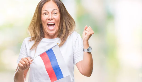 Medelåldern Spansktalande Kvinna Hålla Flagga Ryssland Över Isolerade Bakgrunden Skriker — Stockfoto