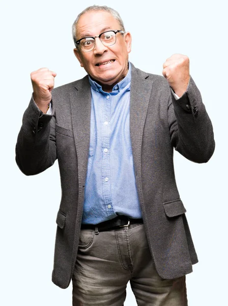 Handsome Senior Businesss Man Wearing Glasses Celebrating Surprised Amazed Success — Stock Photo, Image