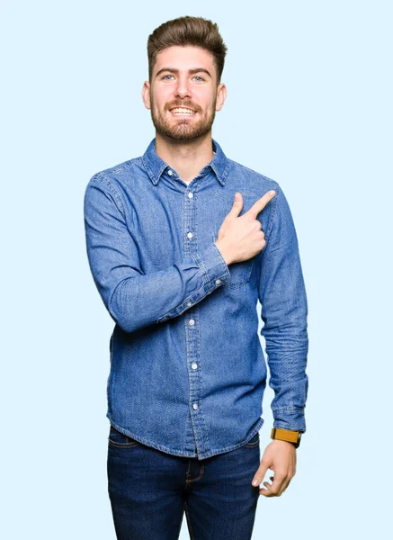 Young Handsome Blond Man Wearing Casual Denim Shirt Cheerful Smile — Stock Photo, Image