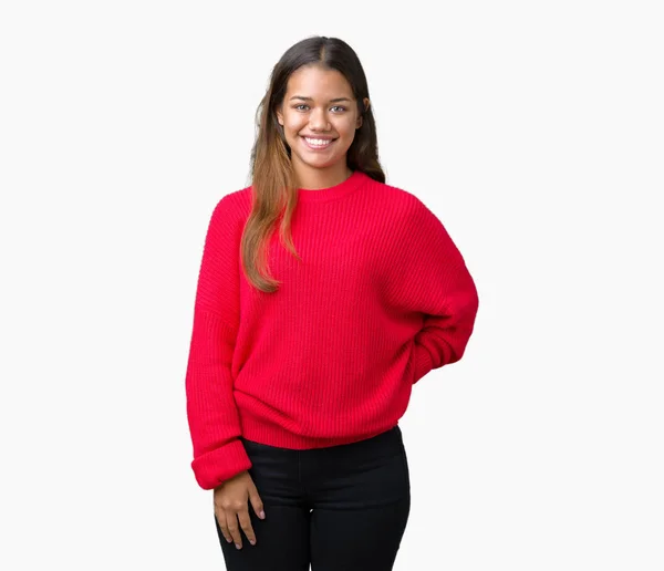 Junge Schöne Brünette Frau Trägt Roten Winterpullover Über Isoliertem Hintergrund — Stockfoto