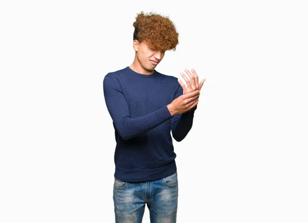 Young Handsome Man Afro Hair Suffering Pain Hands Fingers Arthritis — Stock Photo, Image