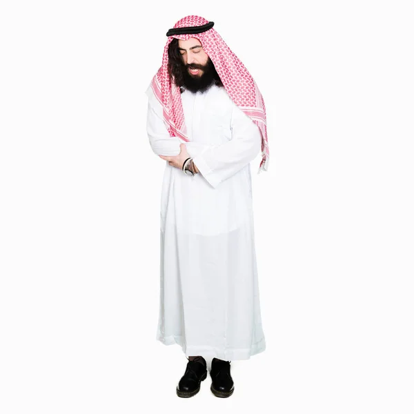 Arabian Affärsman Med Långt Hår Bär Traditionella Huvudbonaden Scarf Med — Stockfoto