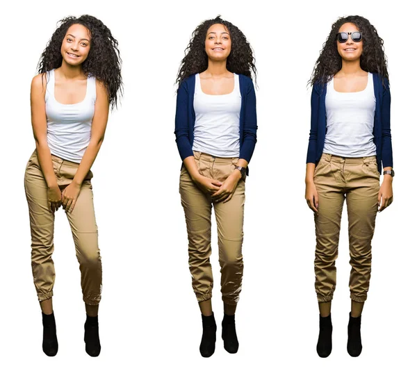Колаж Молодої Жінки Афро Волоссям Над Ізольованим Білим Тлом Щасливою — стокове фото